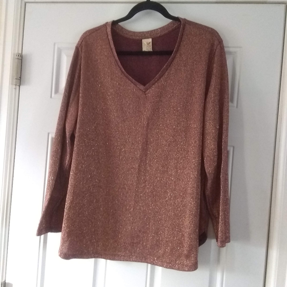 Faded Glory Metallic V Neck Long Sleeve Top Sz 3X (22W-24W)